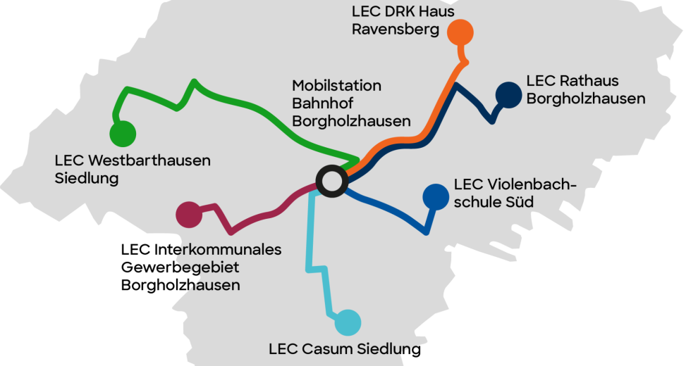 Karte mit Routen des Linien-E-Carsharing